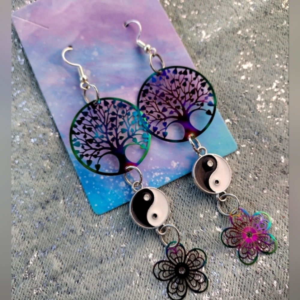 Tree of life ying yang peace sign floral earrings dangles oil slick rainbow